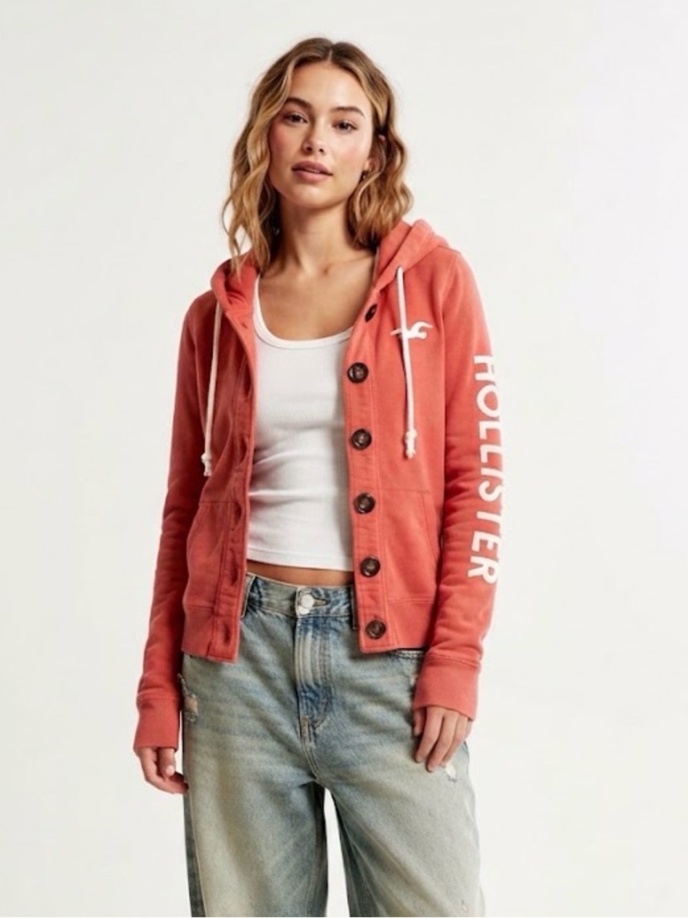 Hollister California Y2K Red Button-Up Hoodie Sweatshirt Medium Graphic Sleeve